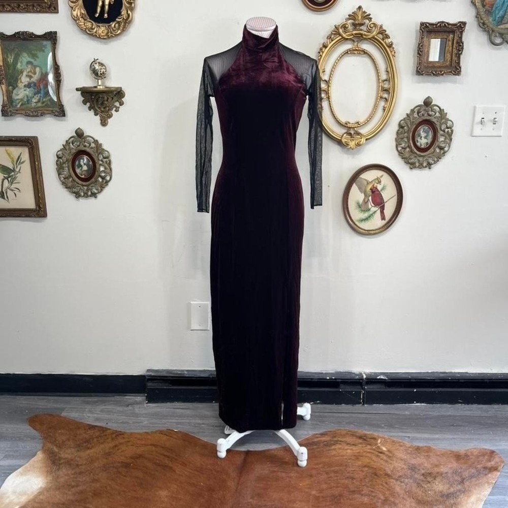 Vintage Burgundy Velvet & Sheer Sleeve Maxi Gown – 90s High Neck Evening Dress